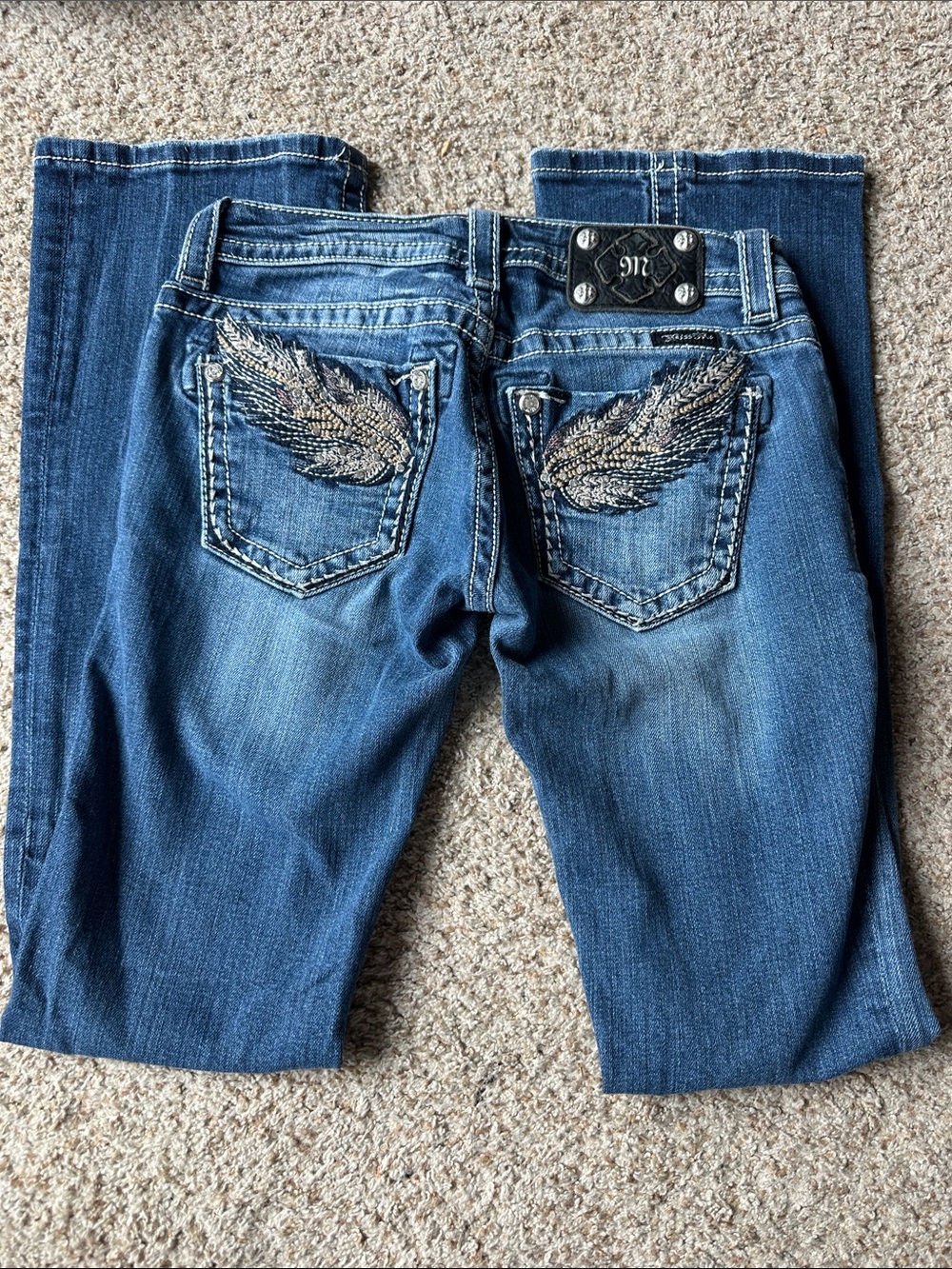 Miss Me Women's Dark Blue Boot Cut Jeans with Embroidered Wing Pockets